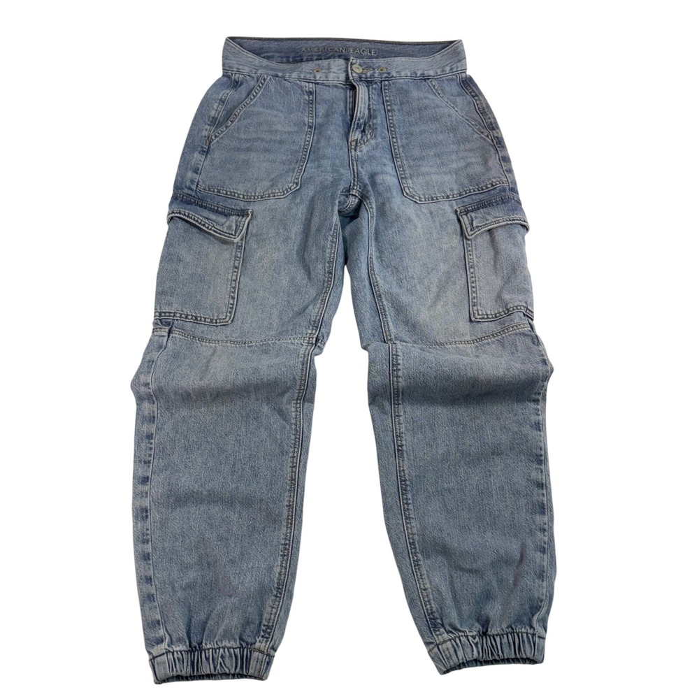 American Eagle Womens Light Wash Denim Cargo Jogger Jeans Sz 2 Regular High Rise